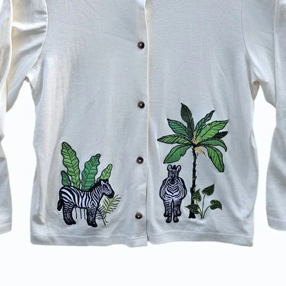 Vtg BLAIR Zebra Embroidered Cardigan Cream Button Front Grannycore Lightweight - Picture 3 of 11